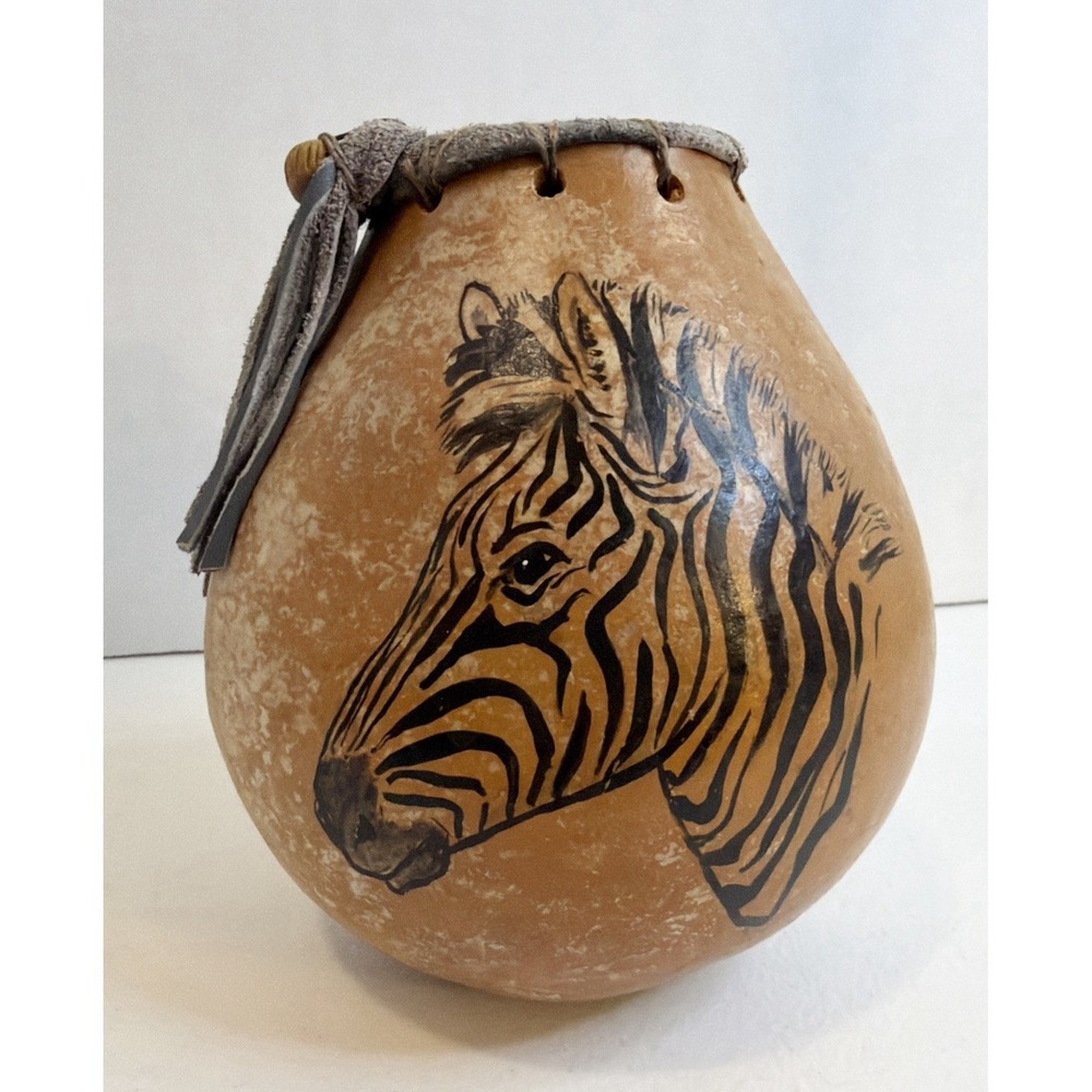 Hand Painted Zebra Gourd Vessel Artisan Rustic Boho Decor Natural Dried Gourd